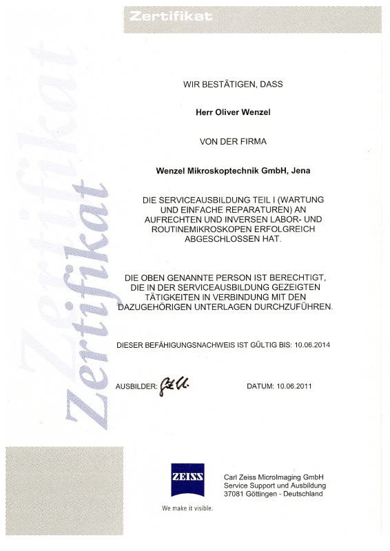 Zeiss Service Zertifikat 2011 e1515406585859