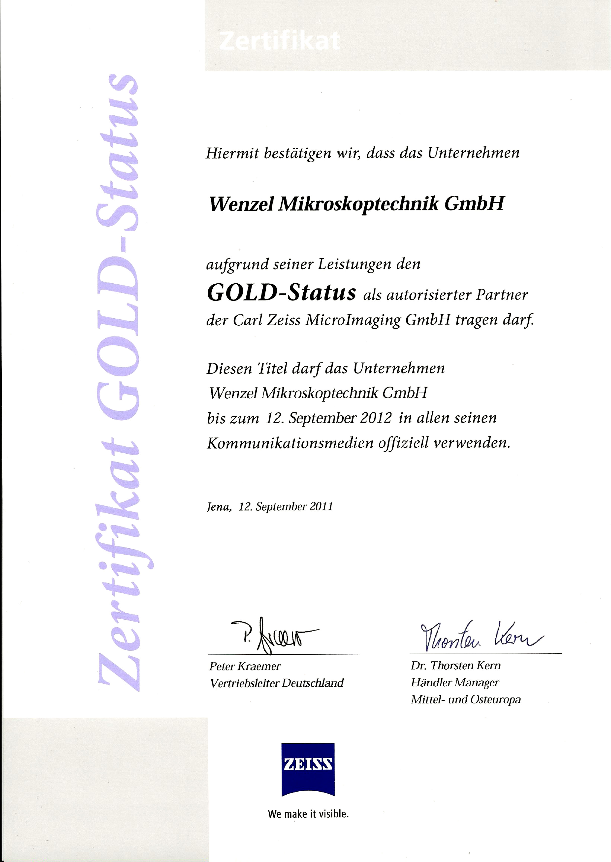 Zeiss autorisierter Partner Gold Status 2011